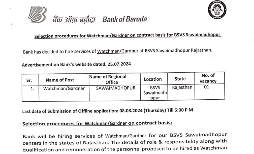 Baroda Bank Watchman Vacancy